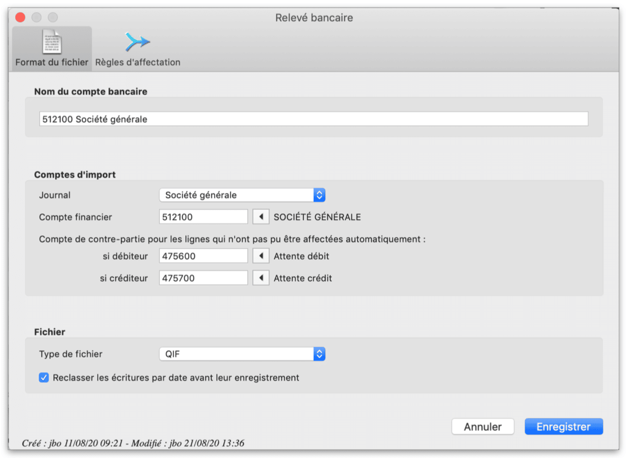 Réglage relevé bancaire